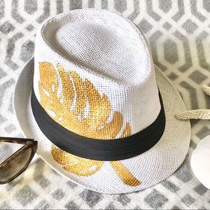 White Monstera Fedora - Hand painted Metallic Gold